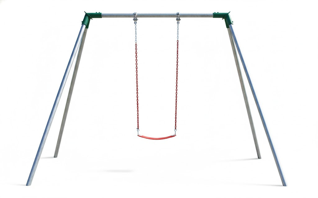 Standard 8 Foot High Swing Set with metal frame, green fittings, and single red swing seat in grassy park setting