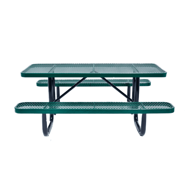 Green rectangular commercial picnic table with perforated metal tabletop and bench seats, sturdy black frame, front view
