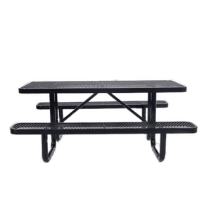 Black rectangular commercial picnic table with perforated metal tabletop and attached bench seats, sturdy outdoor design