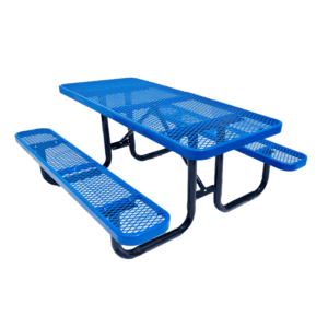 Blue rectangular commercial picnic table with perforated metal tabletop and bench seats, sturdy black frame