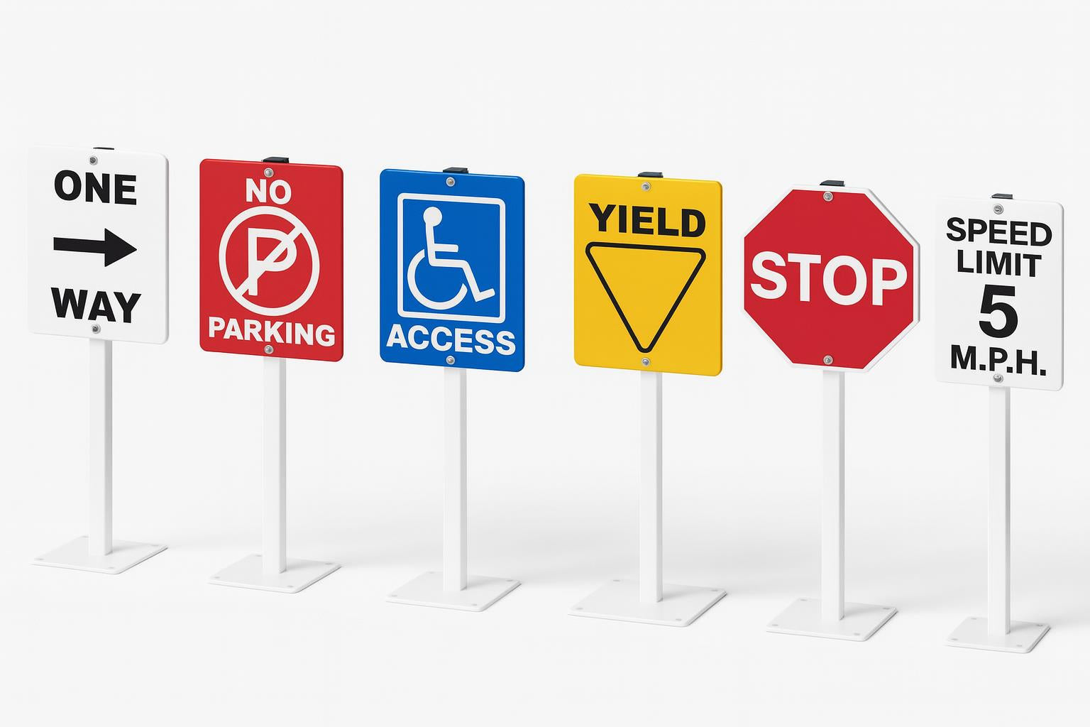 Traffic Signs For A Trike Path set on grass with one way, no parking, handicap access, yield, stop, and speed limit signs for children's outdoor safety play
