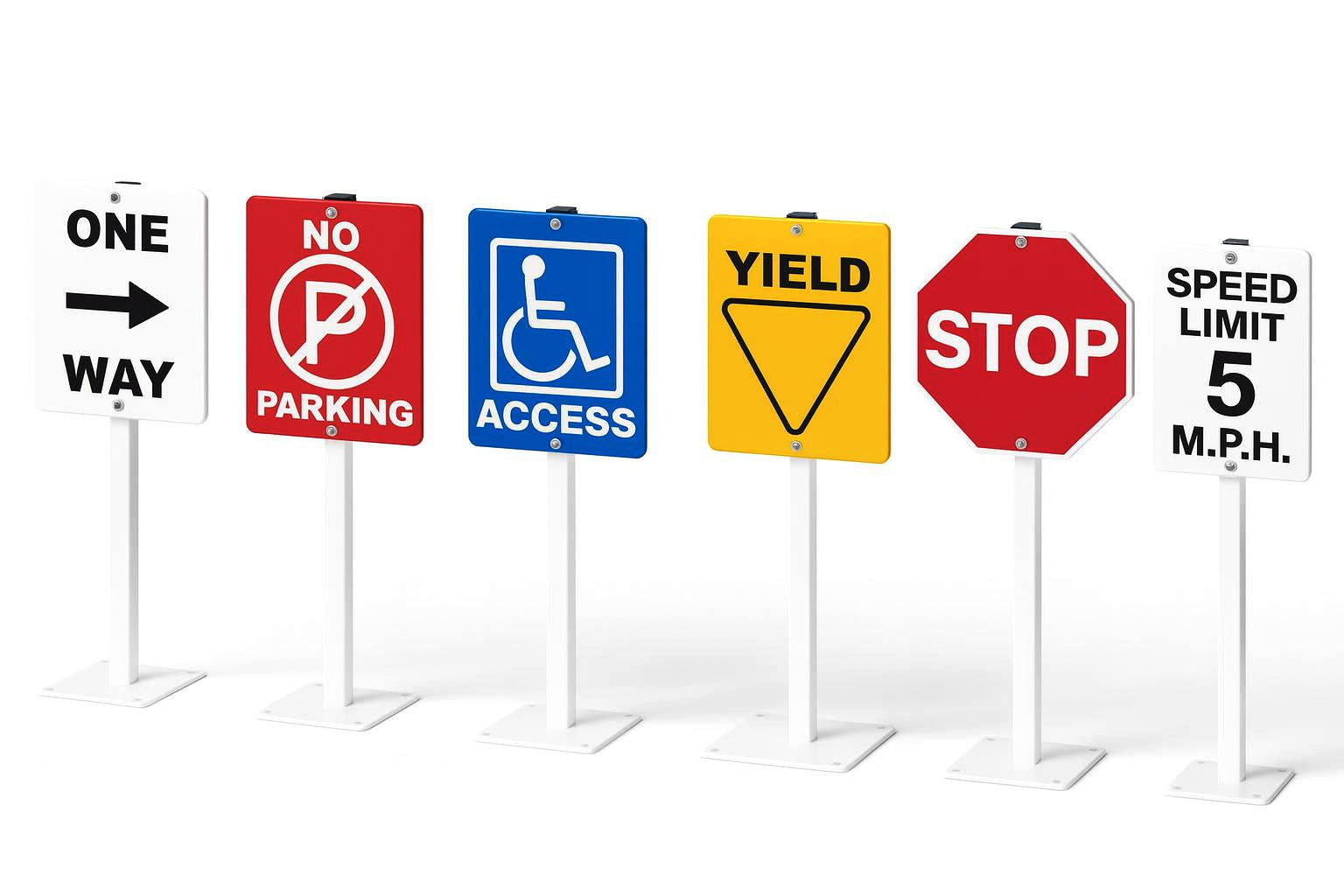 Traffic Signs For A Trike Path set on grass with one way, no parking, handicap access, yield, stop, and speed limit signs for children's outdoor safety play