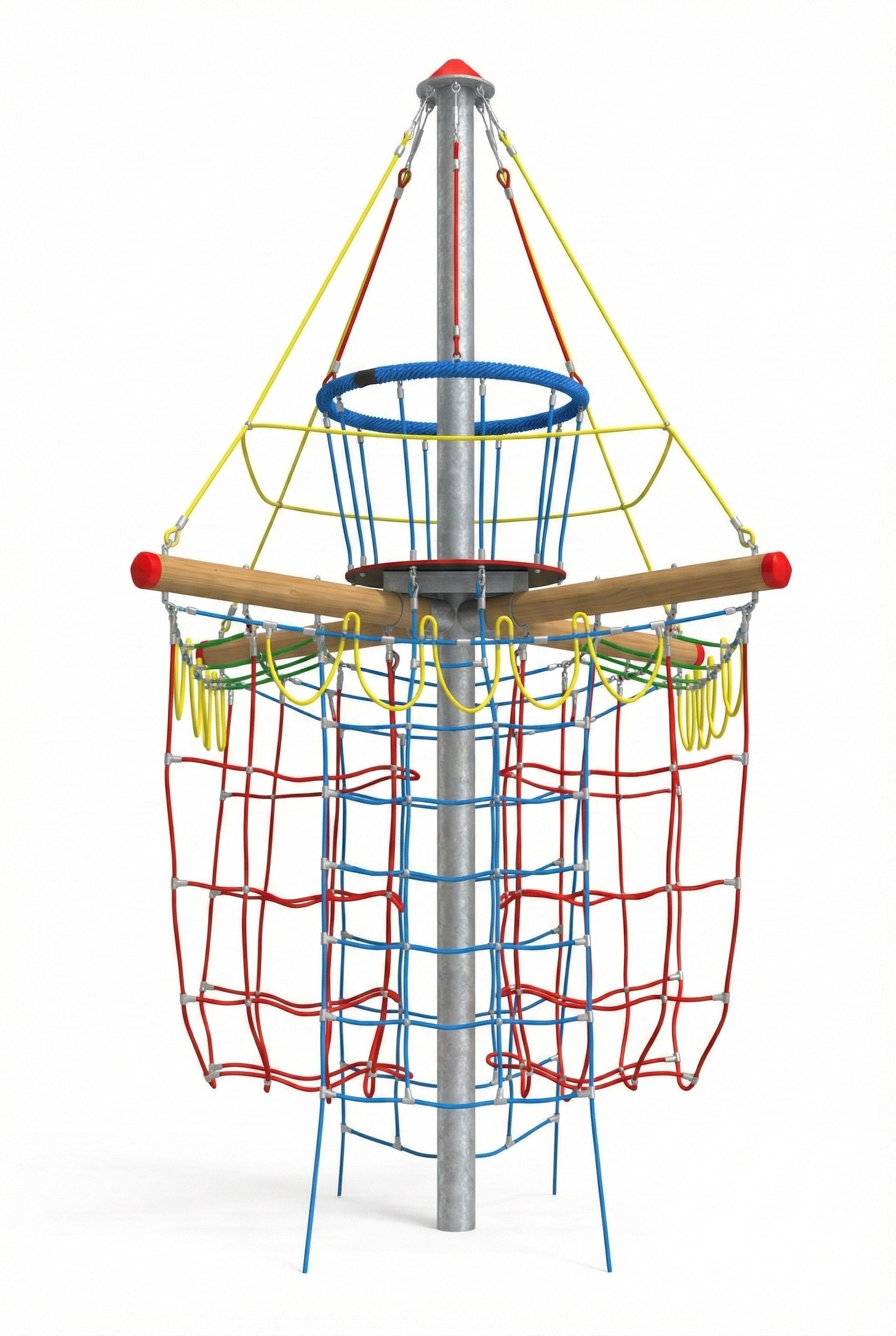 Pirate's Tower colorful rope climbing structure with red, blue, and yellow nets and metal frame on playground mulch