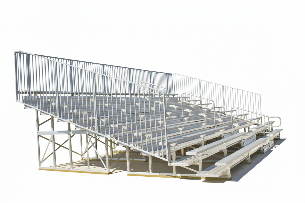 10 Row Standard Portable Bleachers with anodized aluminum seats, vertical picket guardrails, multiple handrails, outdoor concrete base