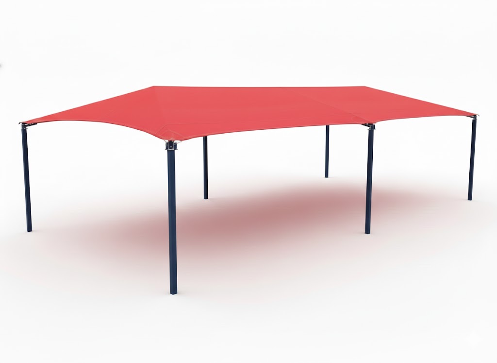 6 Post Hip Shade Structure with red fabric canopy and blue support posts providing outdoor shade