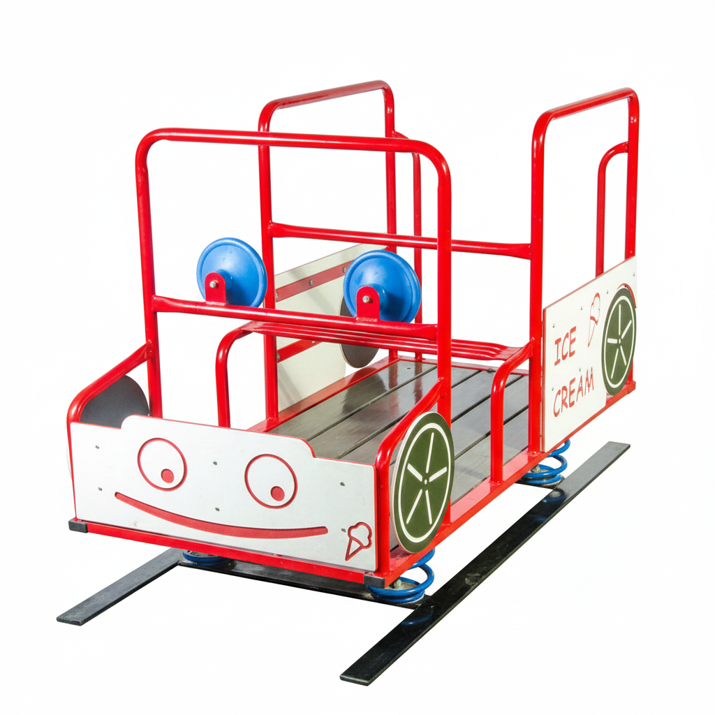 Ice Cream Truck Spring Bouncer with red metal frame, smiling face panel, blue steering wheels, and green wheel graphics on artificial grass