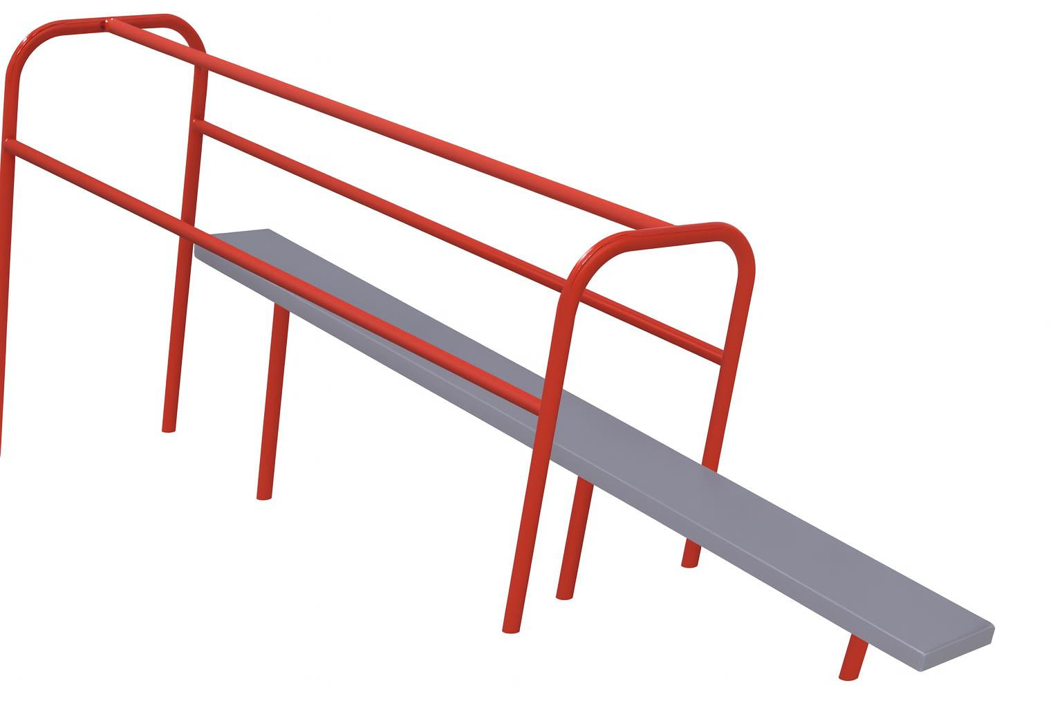 Pull Slide Challenge outdoor fitness equipment with red galvanized aluminum frame, gray sliding surface, and climbing bars on mulch surface