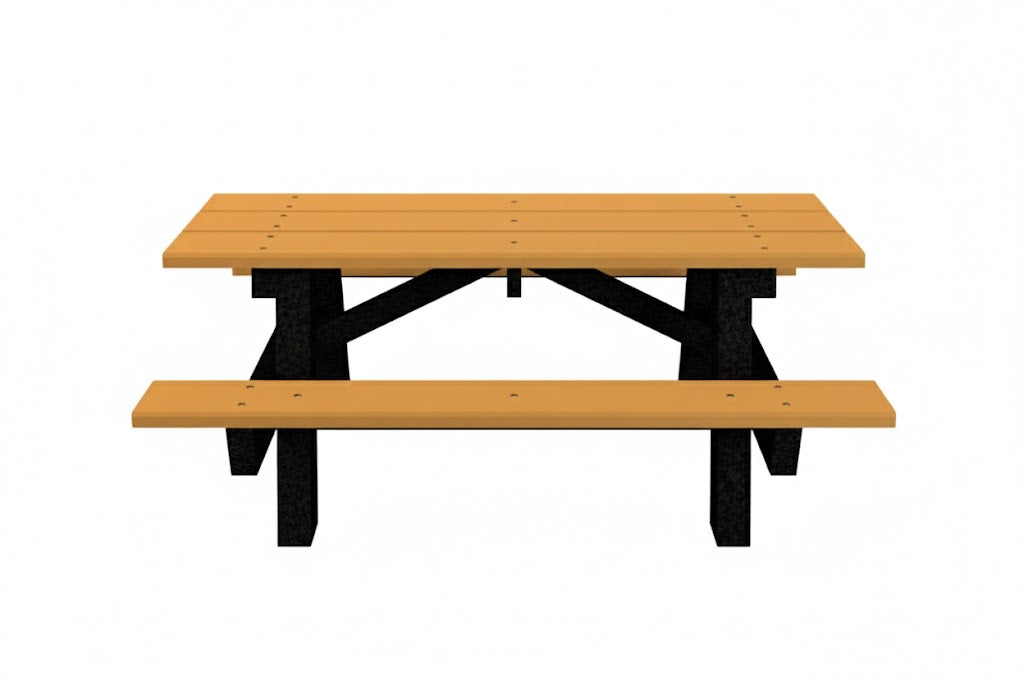A Frame Recycled Plastic Table with brown recycled plastic planks and black sturdy A-frame legs for outdoor group seating and social gatherings