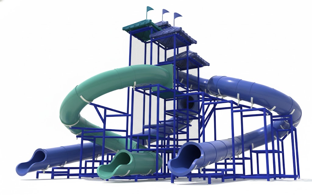 The Indian Ocean Water Slide with three large blue and green curved enclosed slides, blue metal framework, roofs, and flags by a pool