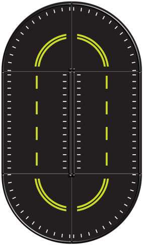 Overhead view of a black trike path with yellow dashed lines and curved markings for active outdoor play and coordination