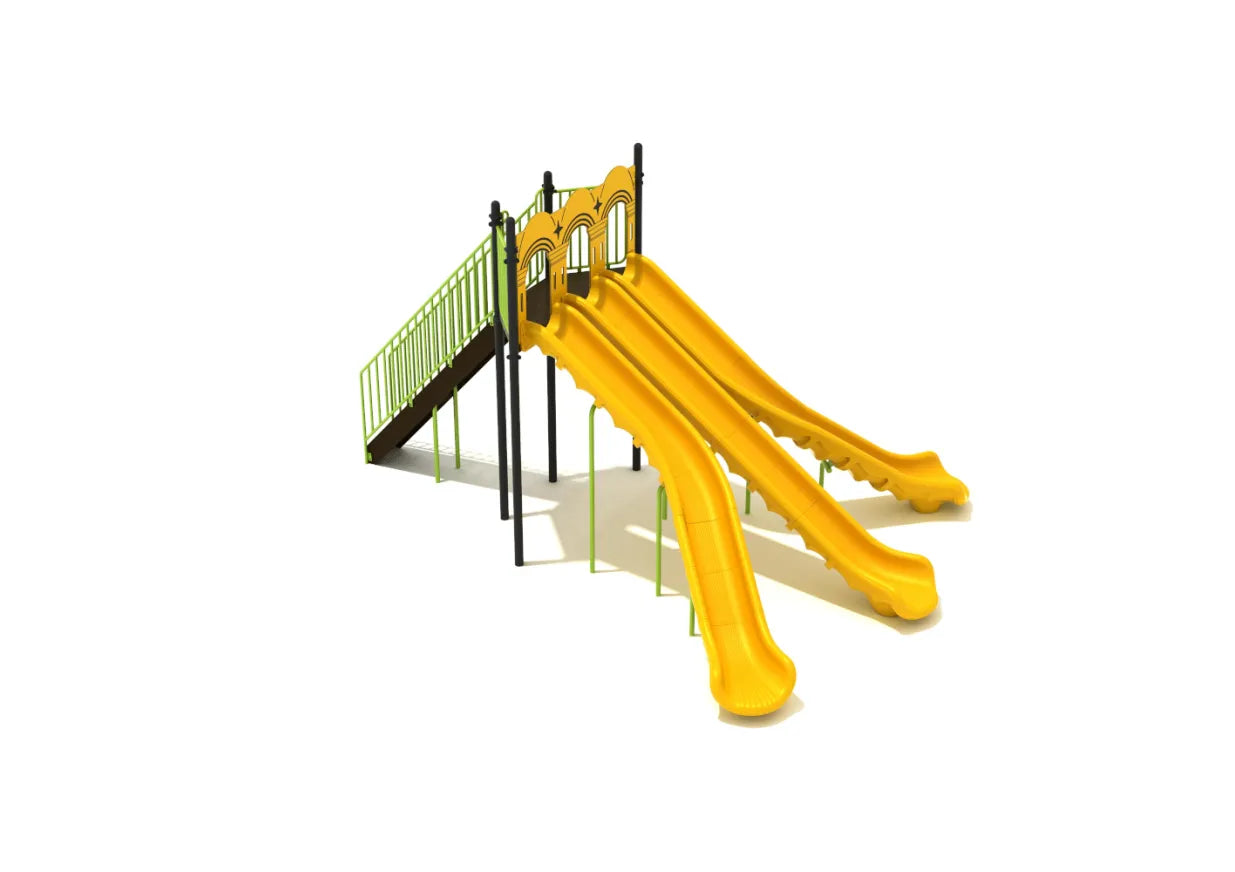 Freestanding triple split slide with three yellow lanes, green rails, and black support posts