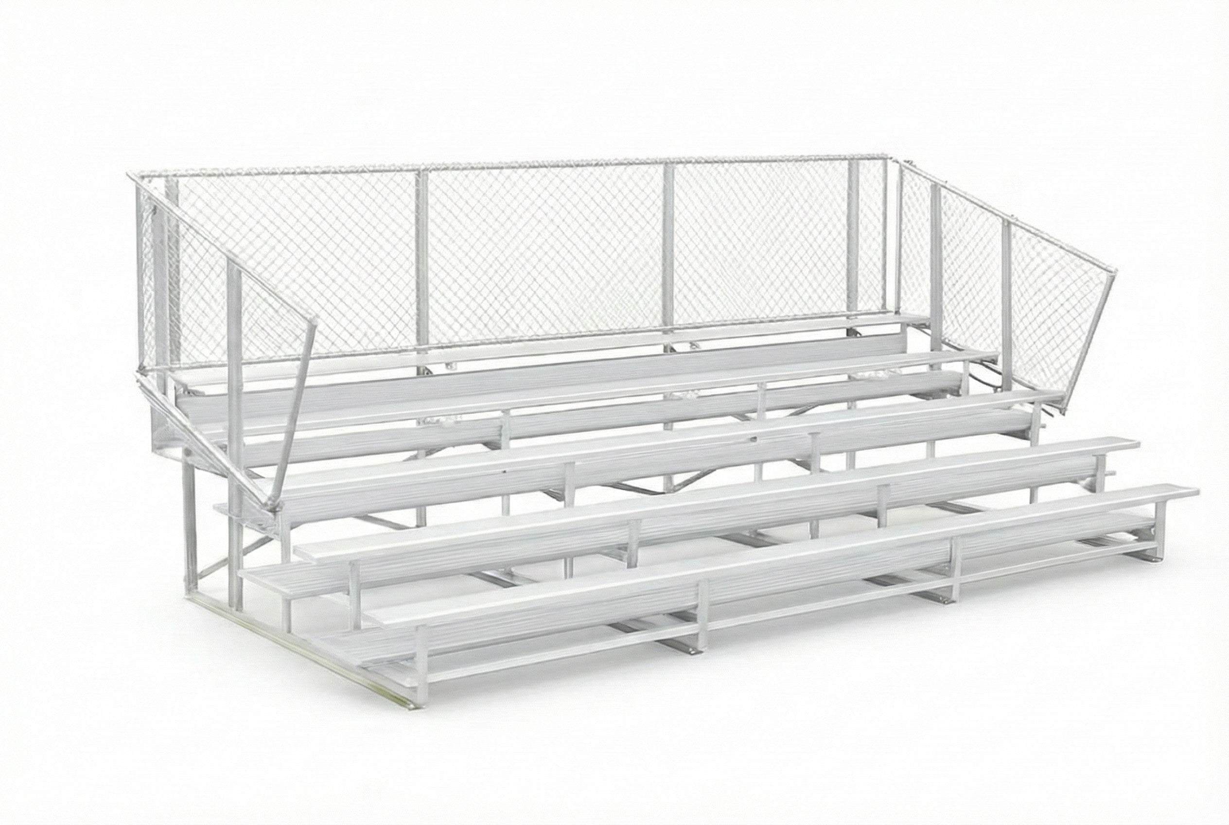 10 Row Preferred Portable Bleachers with chain-link guardrail, aluminum seating, transport wheels, and tow handle on sports field