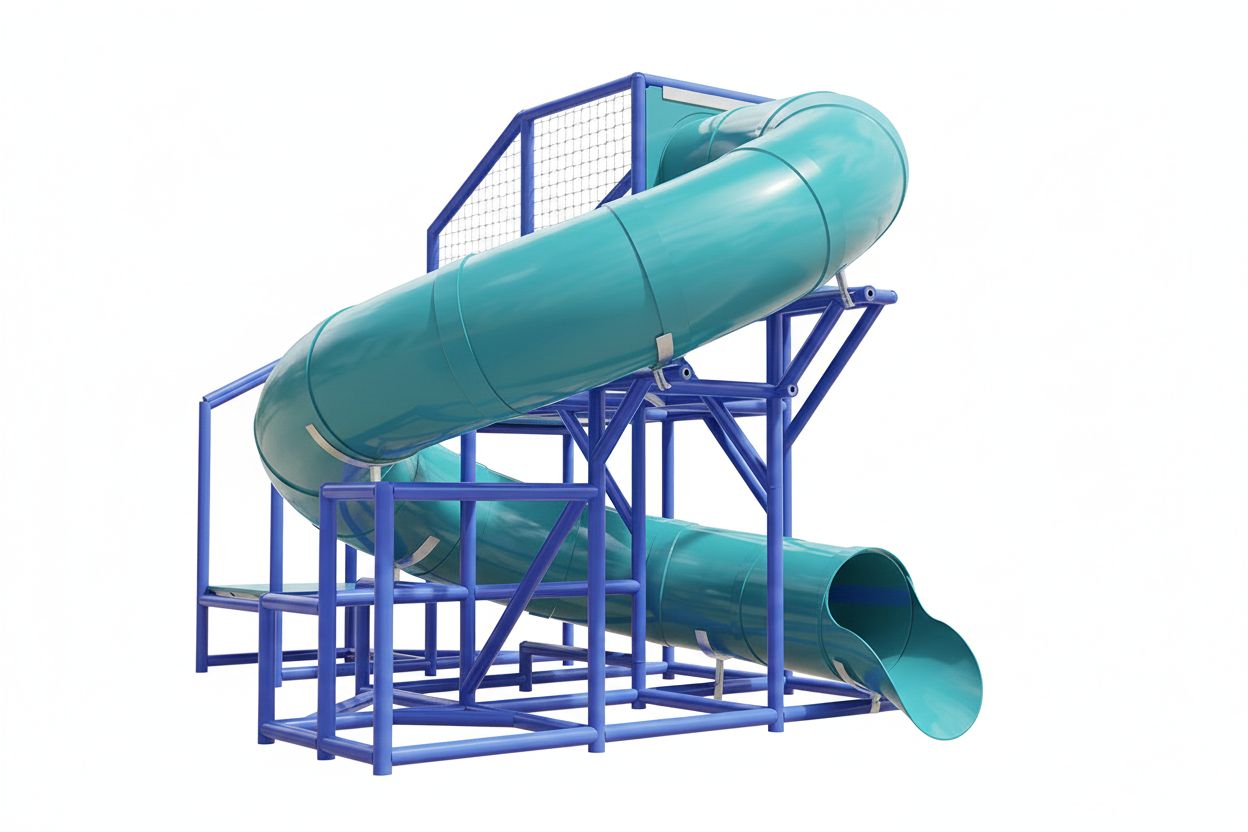 Marias River Water Slide compact turquoise enclosed tube with blue frame curving into pool, surrounded by palm trees and seating
