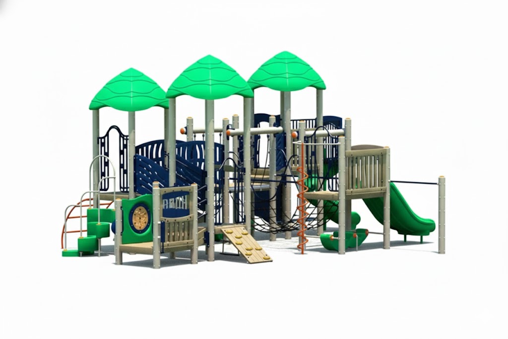 Canopy Play System with green leaf-shaped canopies, duo and spiral slides, climbing features, ADA accessible, wood chip ground