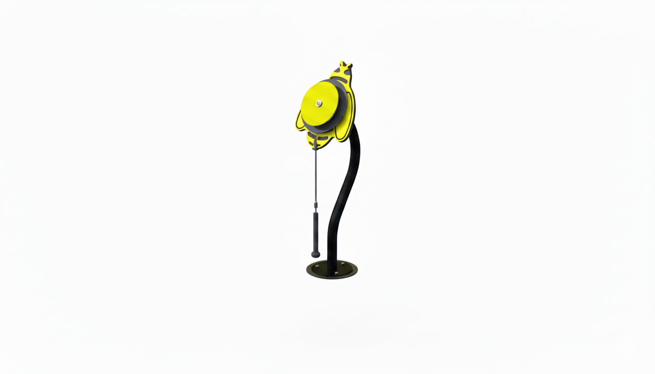 Melody Bees bell inground mount musical bee instrument with attached mallet on curved black post for outdoor play