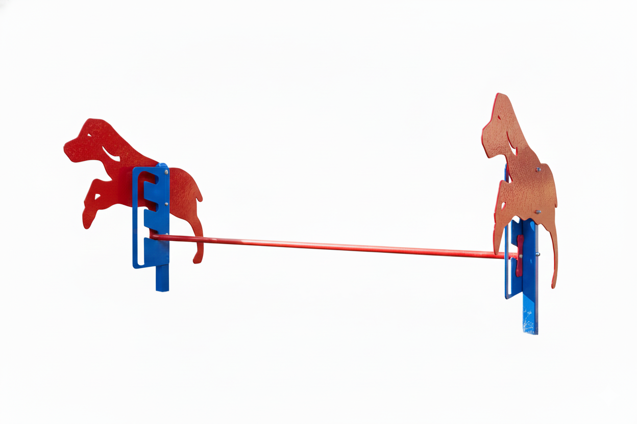 Rover Jump Over dog exercise equipment with adjustable red jump bar, blue supports, red dog-shaped panels, dog mid-jump on wood chips