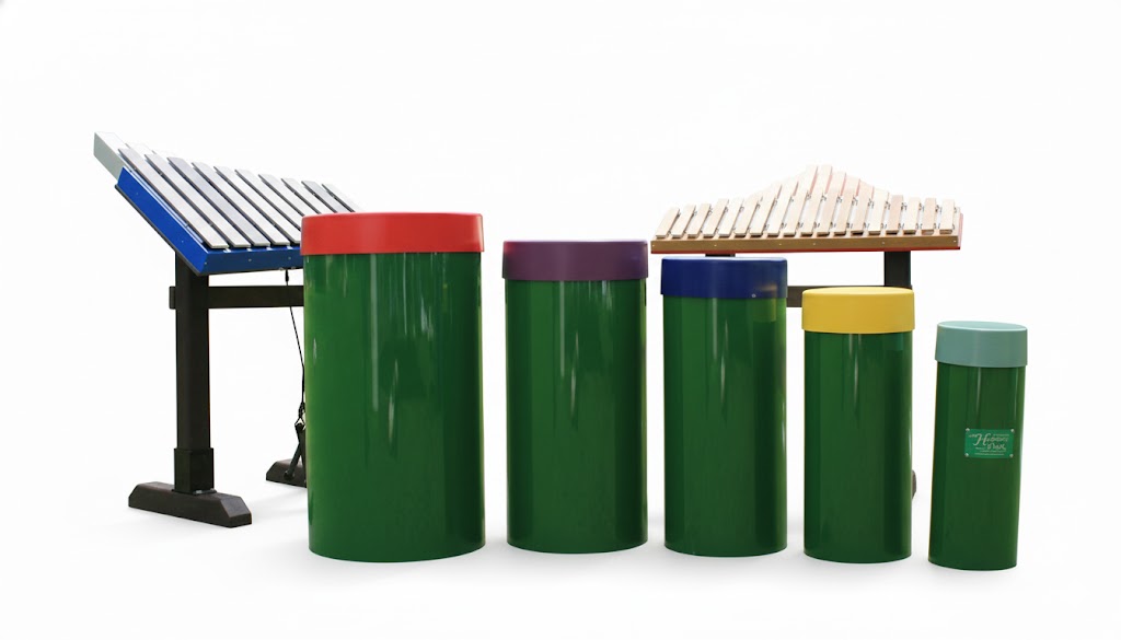 Starter Collection Outdoor Musical Park Instrument with five colorful cylindrical drums in red, purple, blue, yellow, and light blue.