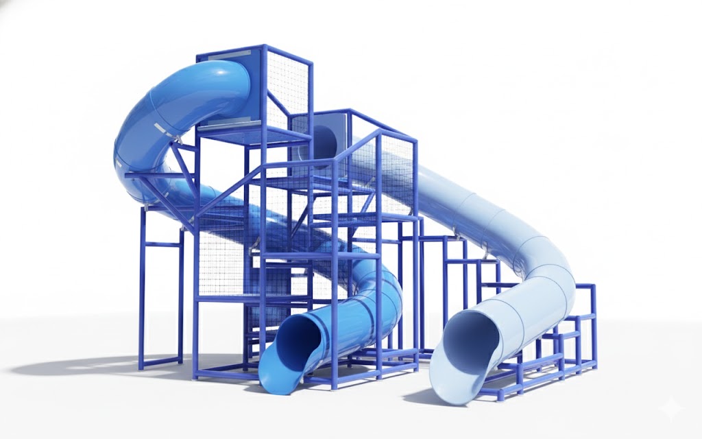 Snake River Water Slide with dual twisting blue flumes and open stair structure beside outdoor pool at recreation center