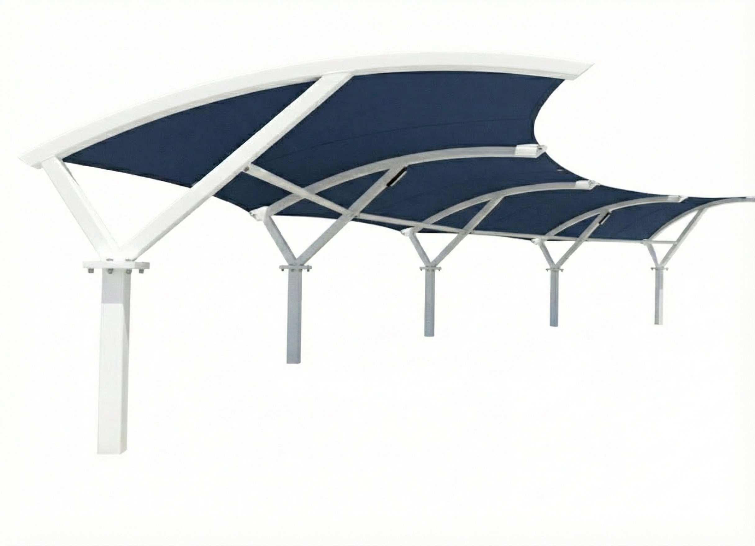 Panorama Shade Structure with arched white cantilever frame and blue fabric canopy shading black lounge chairs by poolside