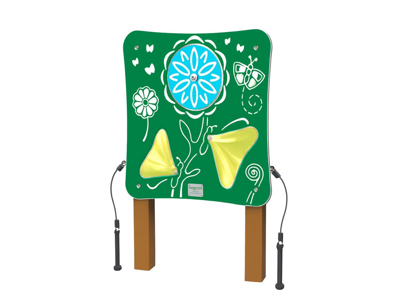 Spring Garden Panel outdoor musical play panel with green botanical design, yellow bell plates, and tethered mallets for parks and playgrounds