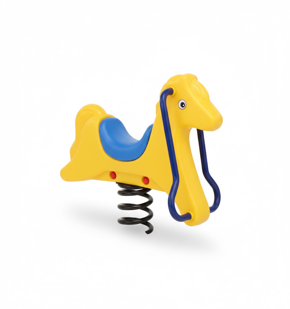 Poly Pony Fun Bouncer bright yellow and blue spring rider with safety handles and seat on wood chip playground surface