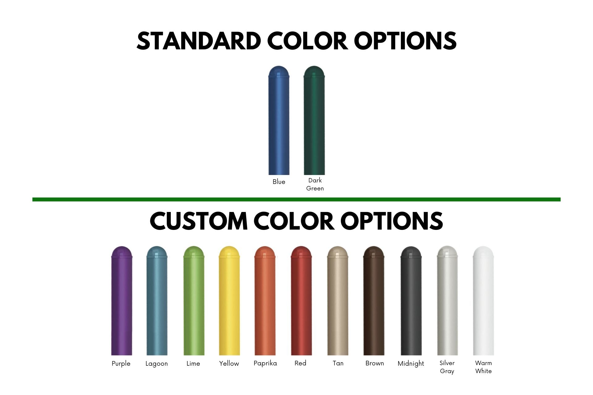 Wisdom Playgrounds Color swatches for standard and custom color options on a white background