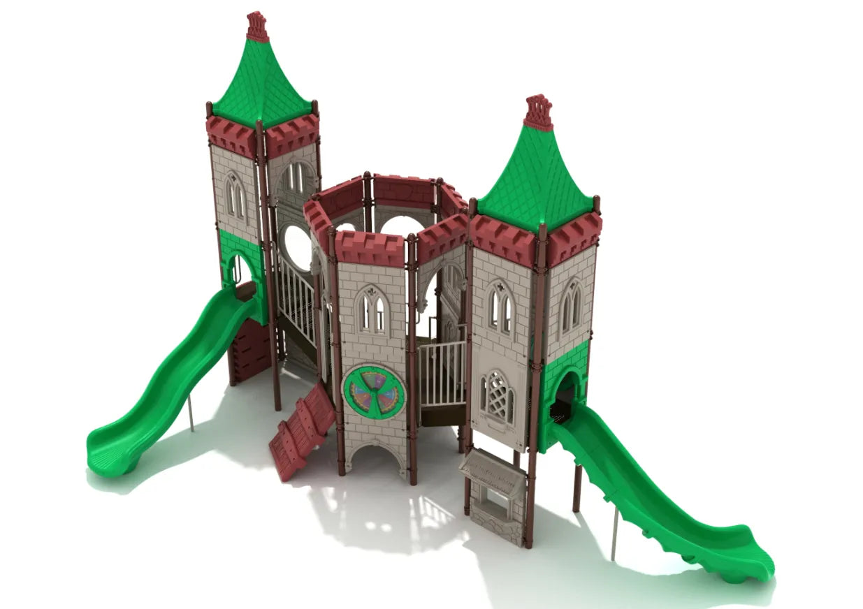 Woodland Escape Playground castle-themed play system with green slides, towers, bridges, and interactive panels for imaginative outdoor play