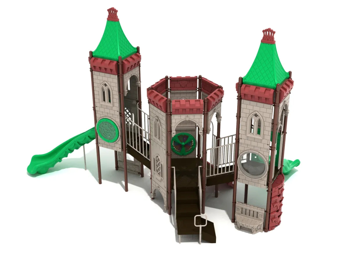 Castle-themed playground structure with green peaked roofs, curving slides, bridges, and interactive play panels for imaginative outdoor play.