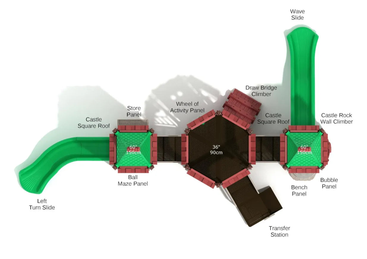 Overhead view of a castle-themed playground with green slides, climbers, activity panels, and connecting bridges