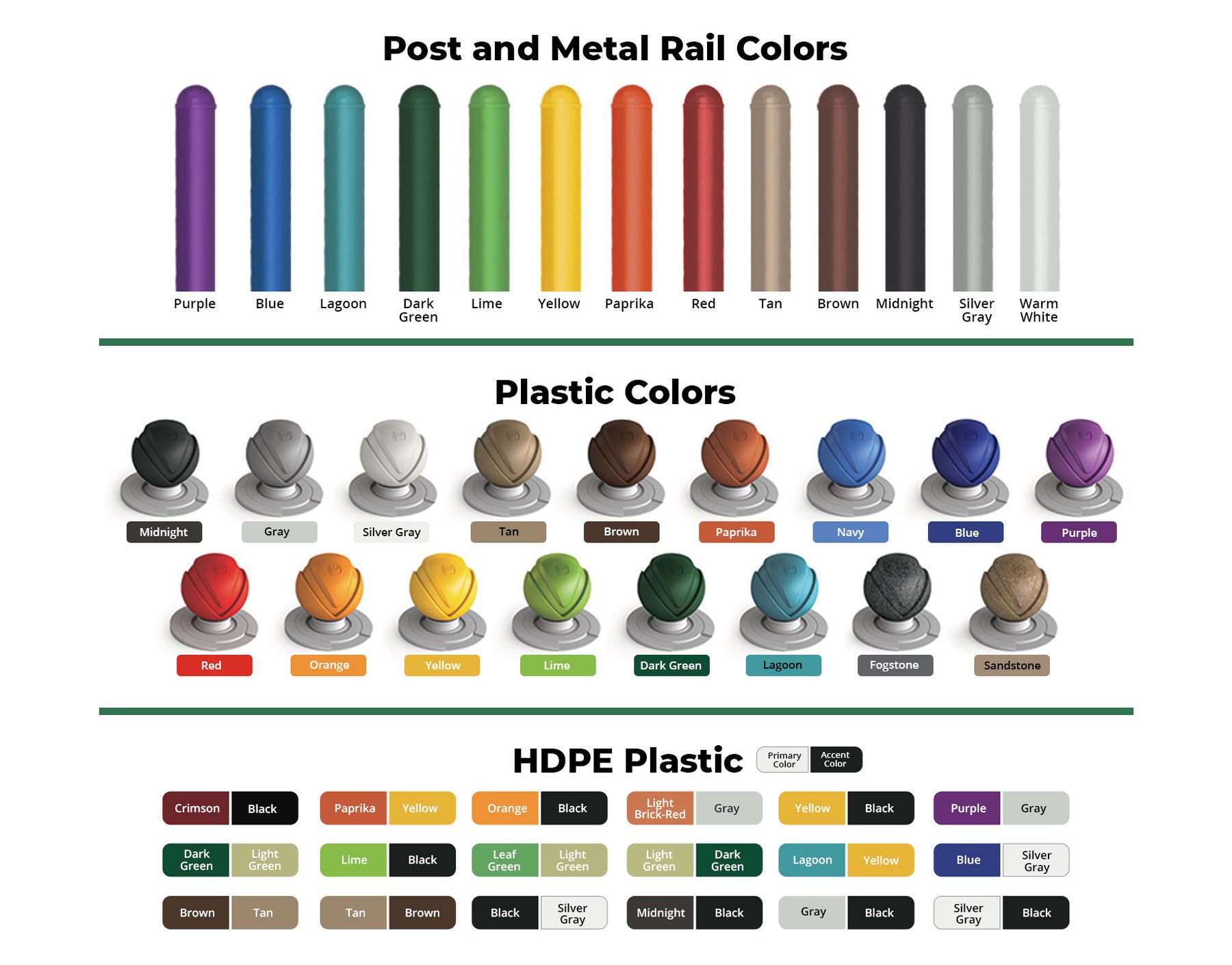 Colorful playground component swatches including vibrant and neutral shades for posts, metal rails, and HDPE plastic parts.