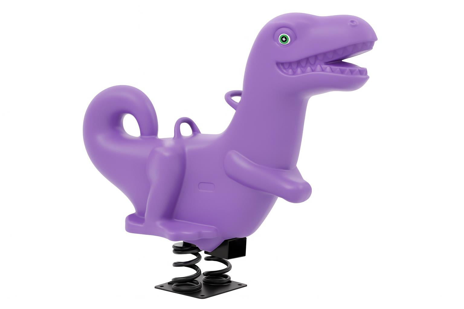 Charlie Chomper Fun Bouncer purple dinosaur-shaped playground spring rider with molded handholds, footrests, and child seated on wood chips