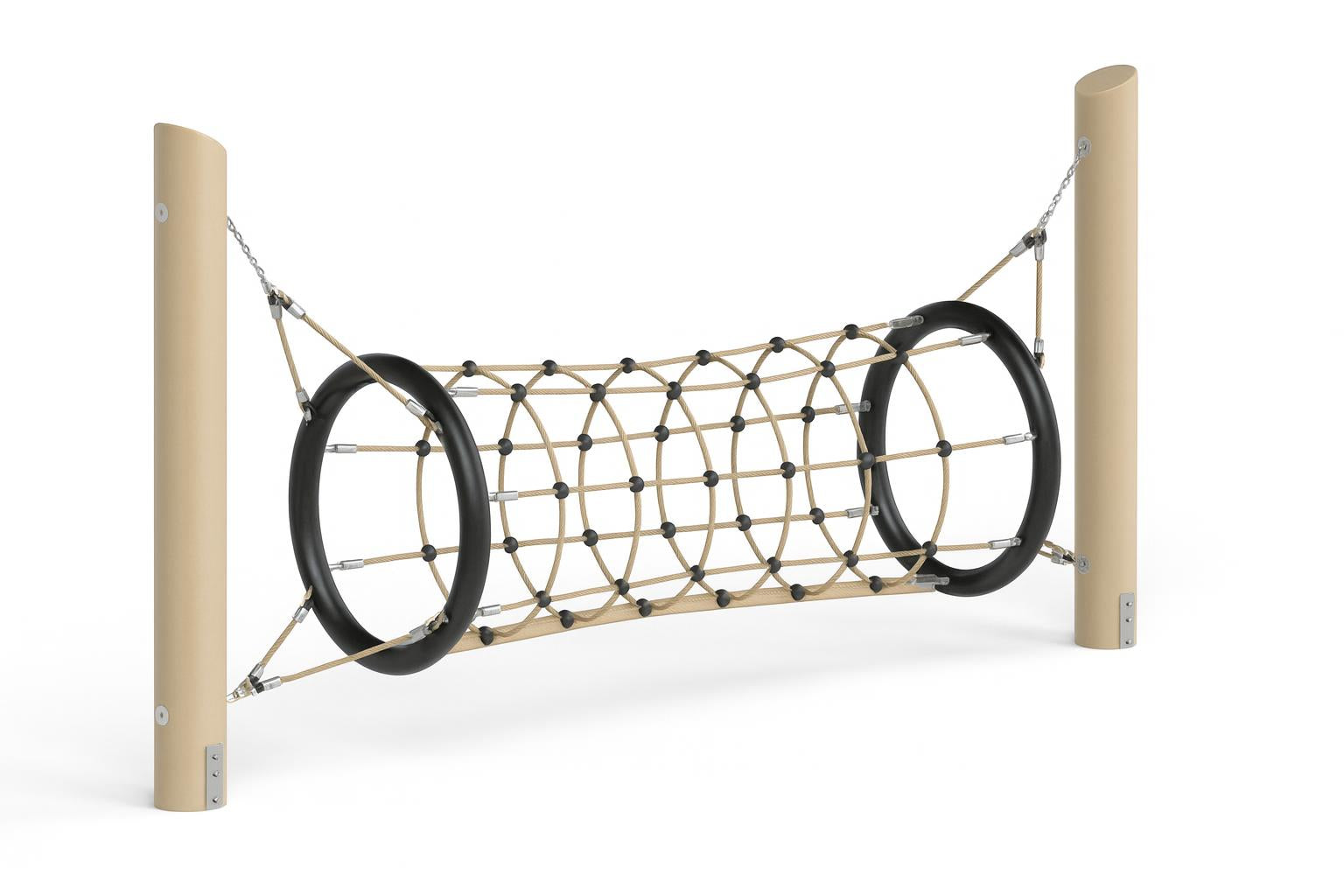 Adventure Tunnel suspended climbing play equipment with steel-reinforced rope and comfort-grip surface between two beige posts