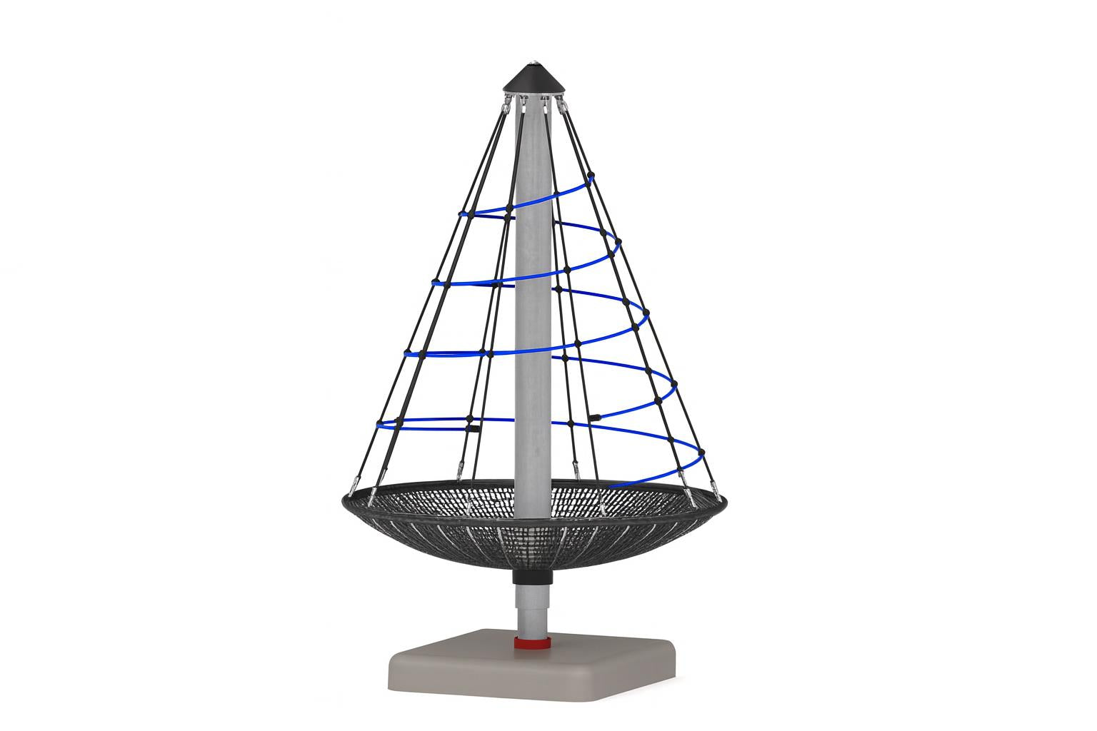 Spiral Carousel ADA Compliant climbing equipment with conical rope net, circular Bird’s Nest platform, handholds, and support features