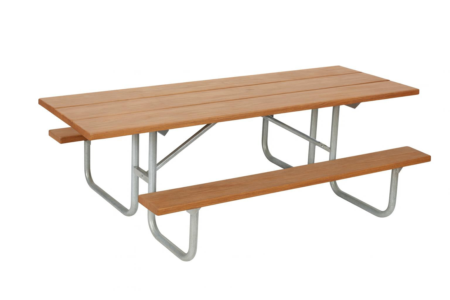 Natural Heavy-Duty Rectangular Picnic Table with natural wood planks, attached benches, and sturdy metal frame on grass for outdoor use