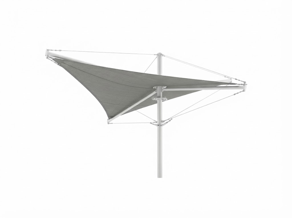 Aurora Single Post Shade Structure with tensioned gray fabric top and white central post shading picnic area near playground and beach