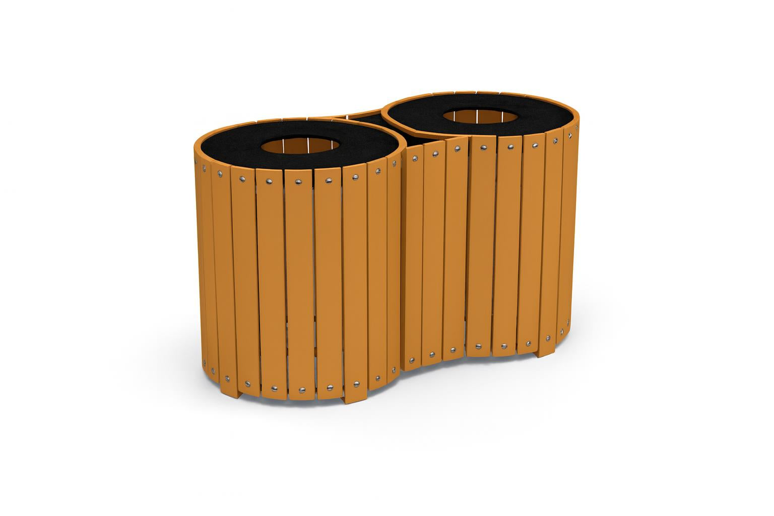 Dual Recycled Plastic Receptacle with vertical wooden slats and black circular openings for outdoor recycling and waste sorting