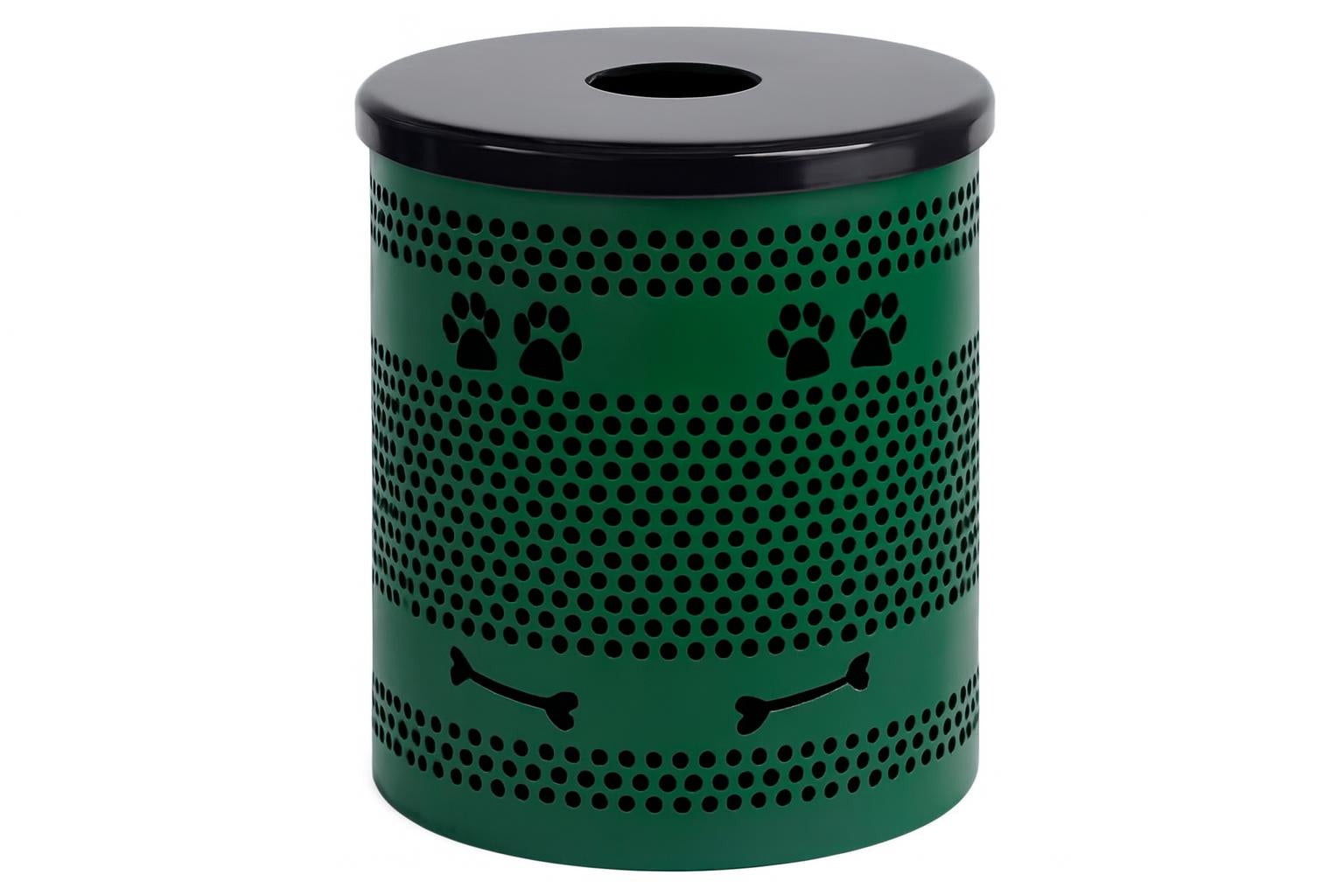 Tidy Up Trash Receptacle Kit green metal outdoor bin with laser-cut paw prints and bone shapes, flat black lid, dog park setting