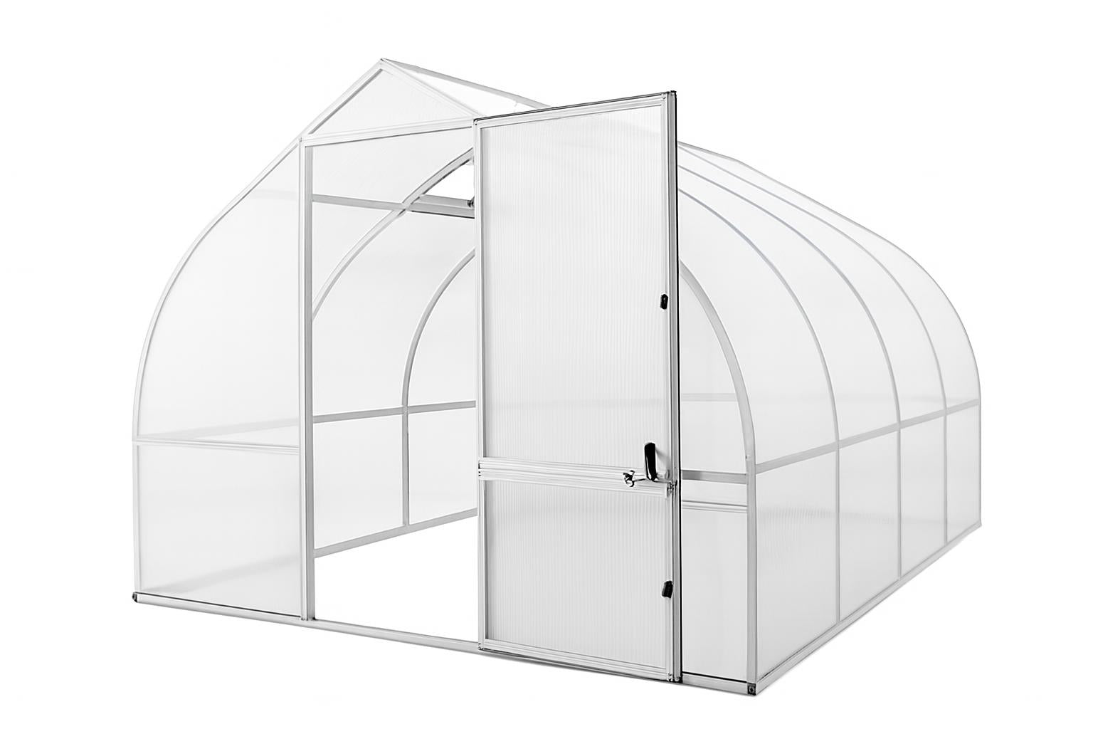 Riga 4 Greenhouse with twin-wall polycarbonate walls, barn style door, arched roof, roof windows with automatic openers, and rear wall window in outdoor setting