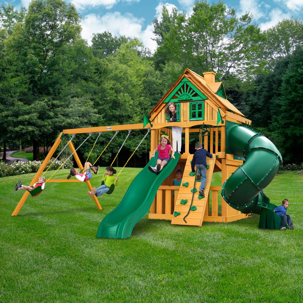 Mountaineer Clubhouse AP Wooden Swing Set Treehouse Addon Wood Roof - Rock Climbing Wall - Tube Slide