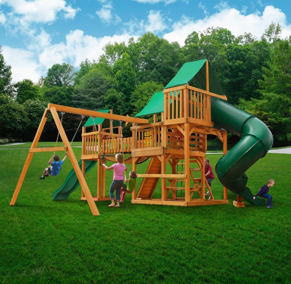 Treasure Trove Deluxe AP Wooden Swing Set - Green Canopy | WillyGoat Playground & Park Equipment