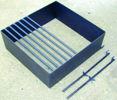 Heavy Duty Campfire Grill with welded steel frame, secured grate, and ground stakes on concrete surface