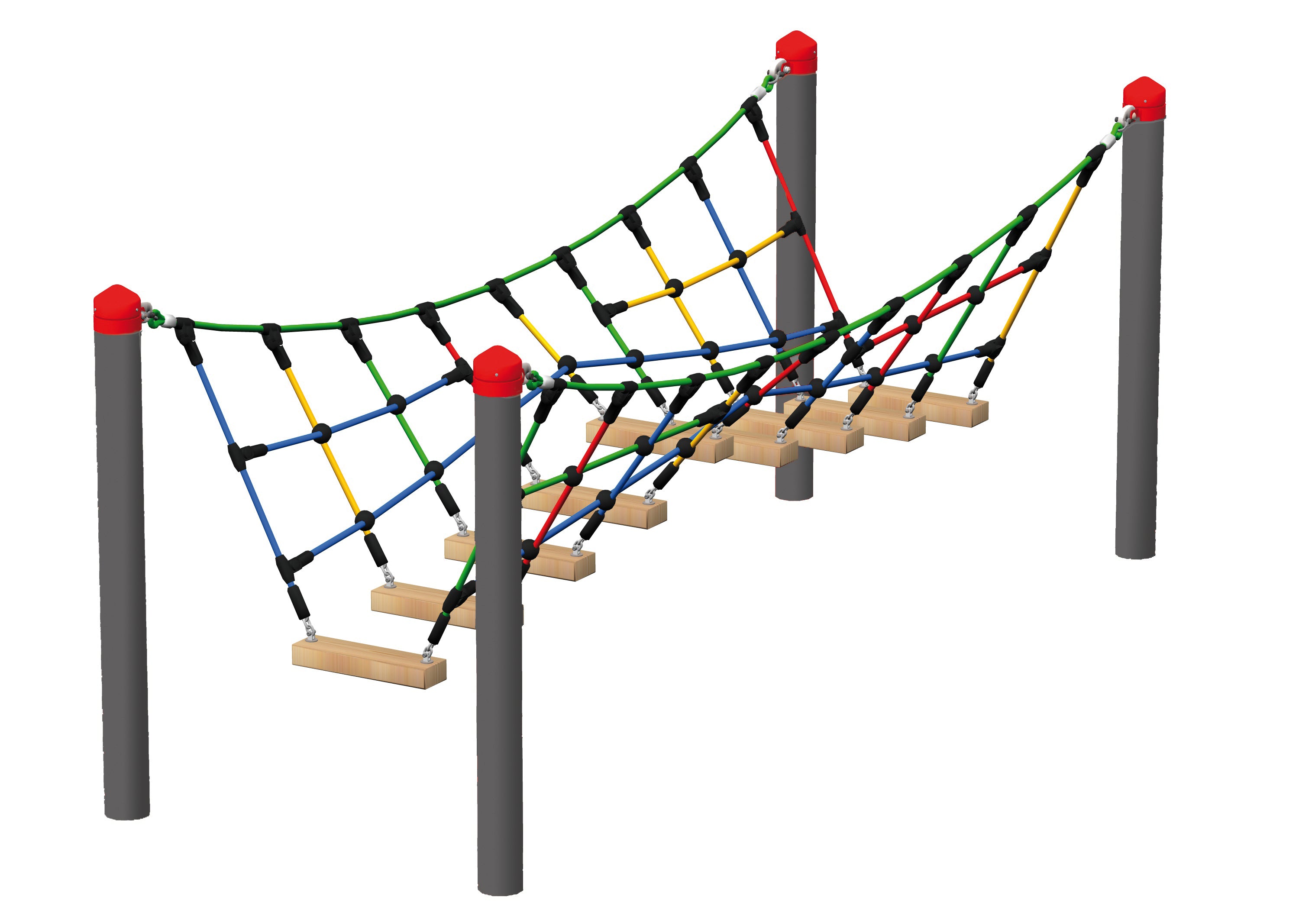 Catwalk Adventure Bridge with colorful climbing ropes and wooden steps supported by four gray posts with red caps, climbing equipment for playgrounds