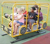 Sub-Collection image Happy Time School Bus Multi Passenger Spring Rider with six children playing outdoors on vibrant yellow bus-shaped playground equipment promoting teamwork and fun