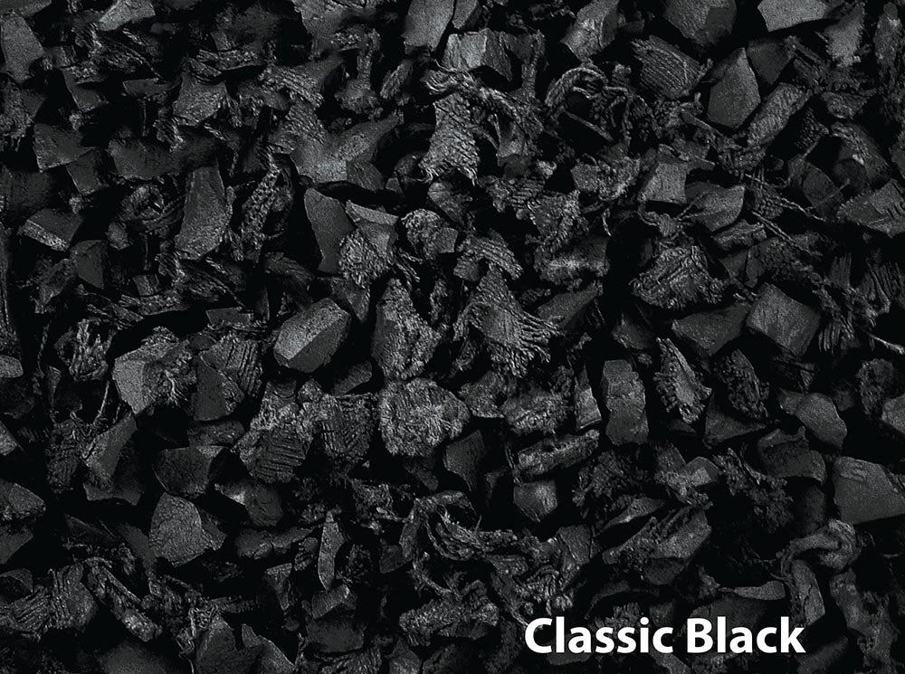A black pile of GroundSmart Playground Rubber Mulch with the word classic black written on it.