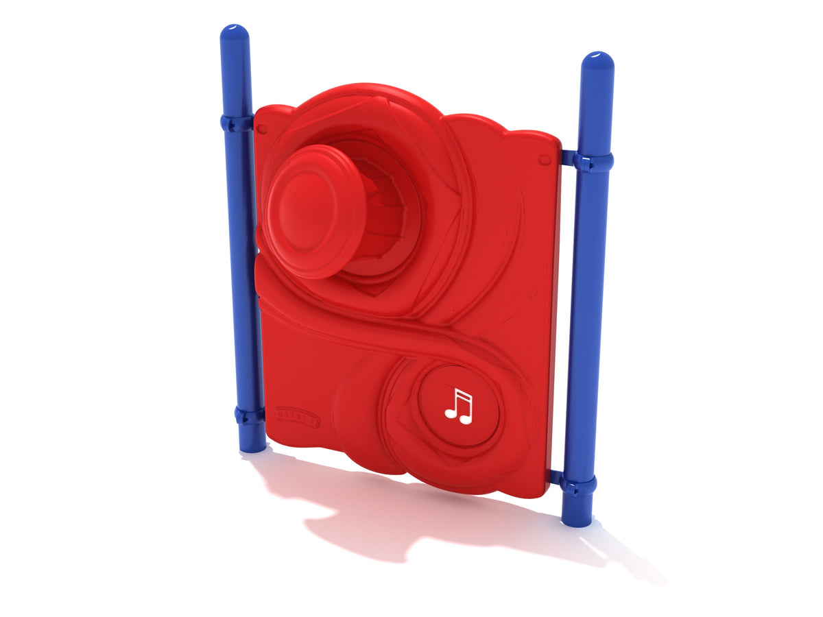 Outdoor freestanding musical play panel with red swirling design, blue posts, and elevated round drum featuring a musical note symbol.