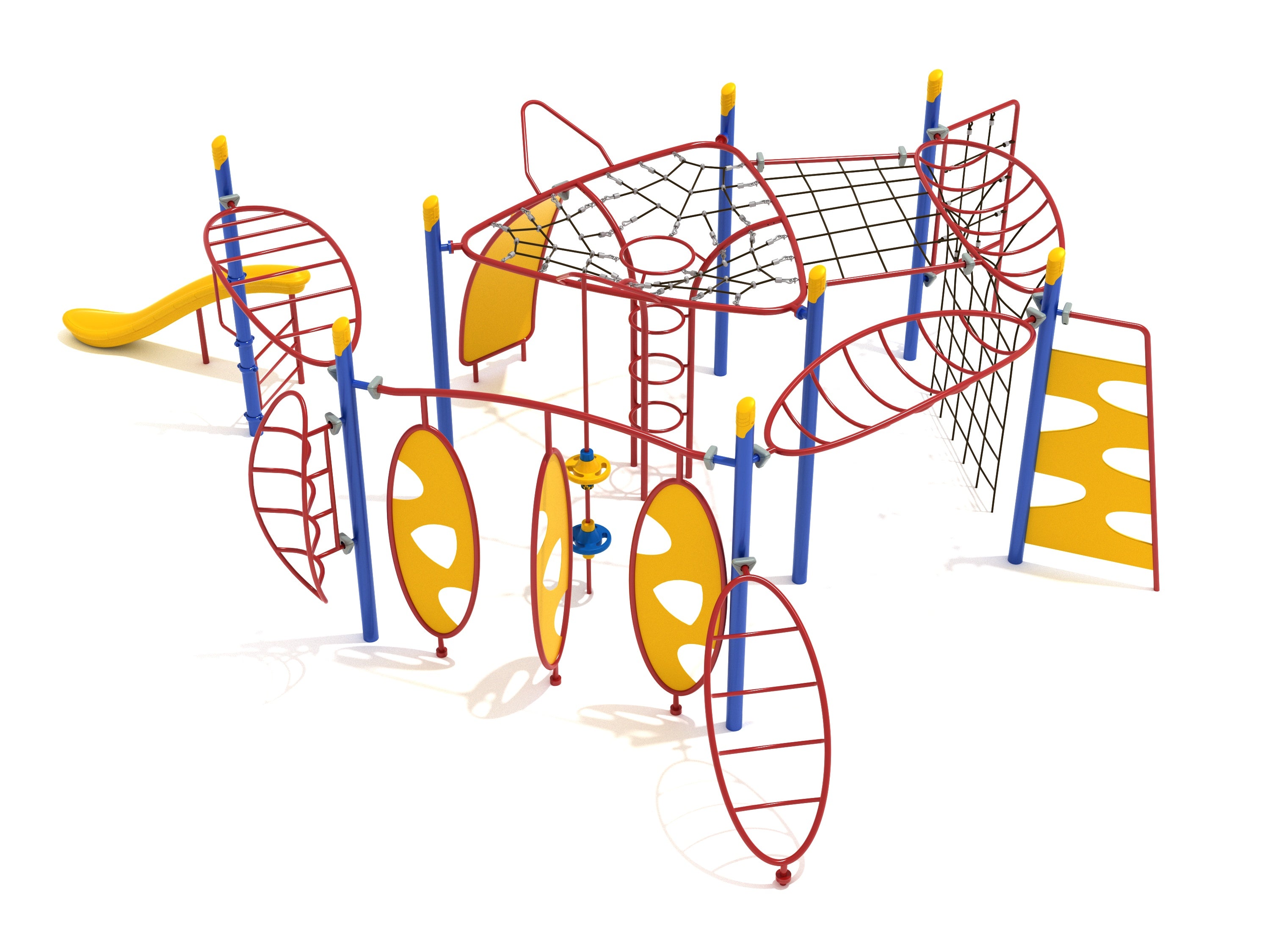 Rio Vista Fitness Course Playground with red and blue climbers, yellow saddle slide, oval climbing panels, and spiral overhead net climber.