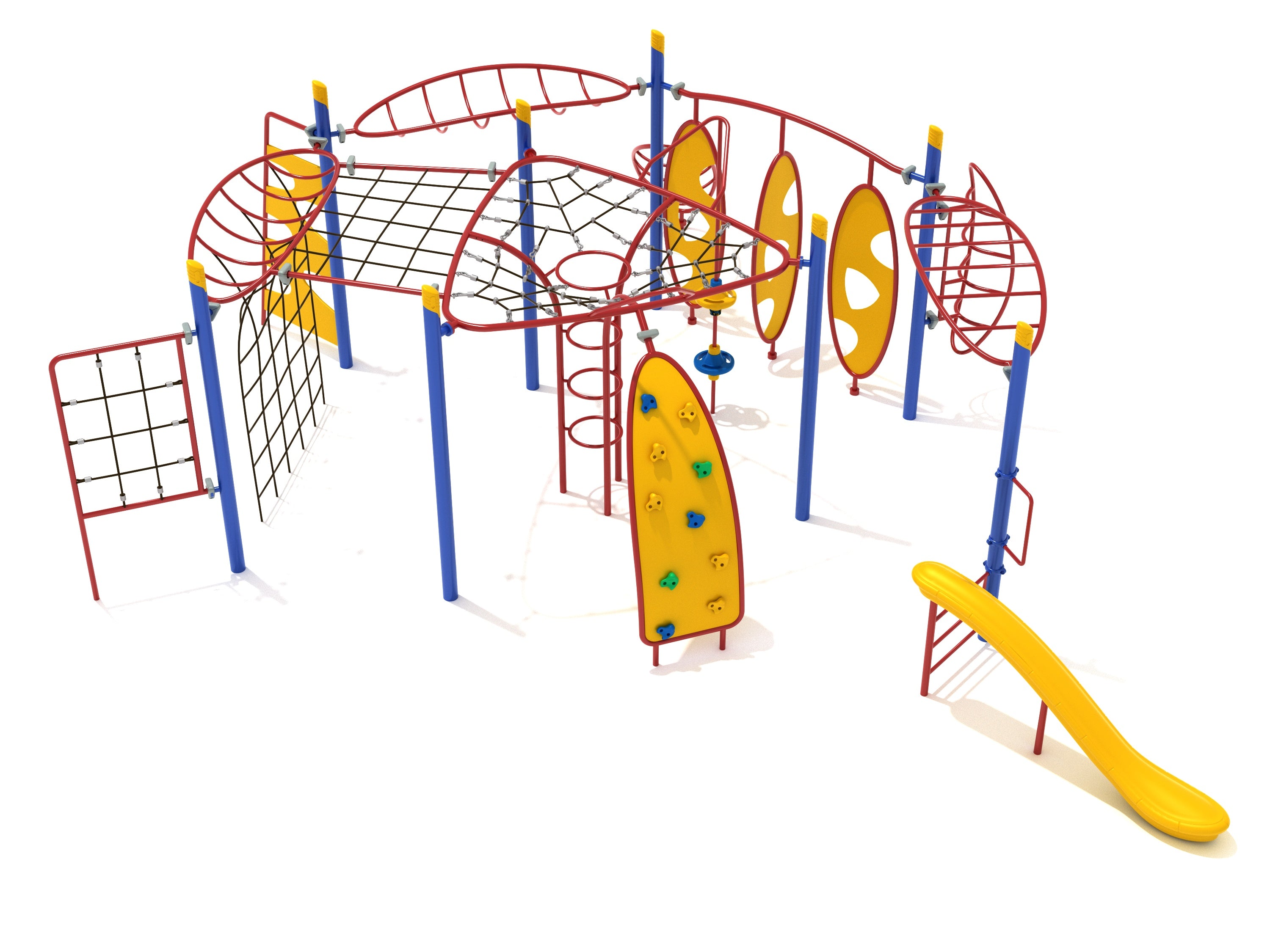 Colorful playground structure with red and blue posts, yellow climbing walls, overhead net and horizon climbers, and a yellow slide.