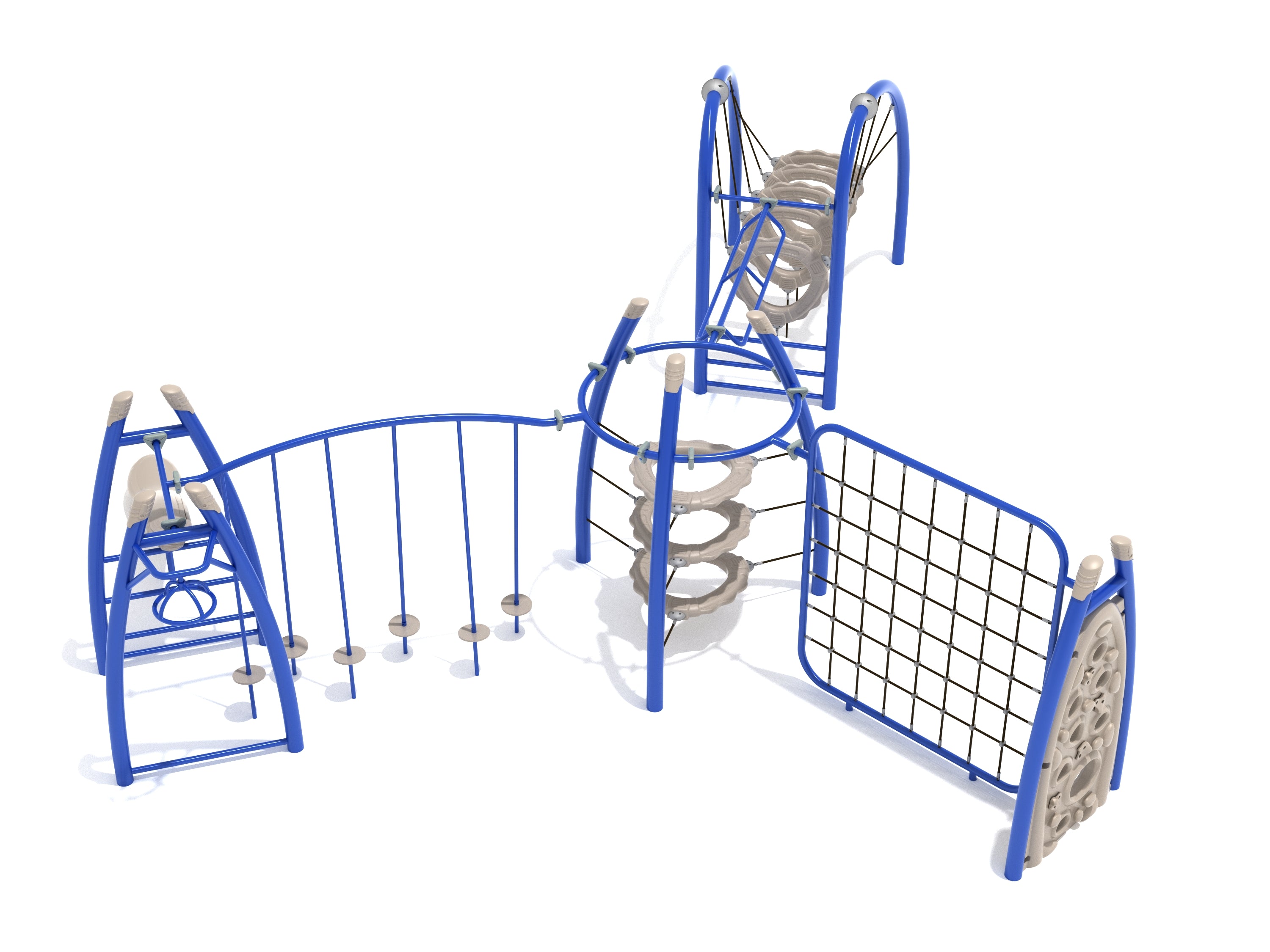 Altamonte Fitness Course Playground with blue frame, Tower of Rings, net climber, rocker bar, and saddle slide