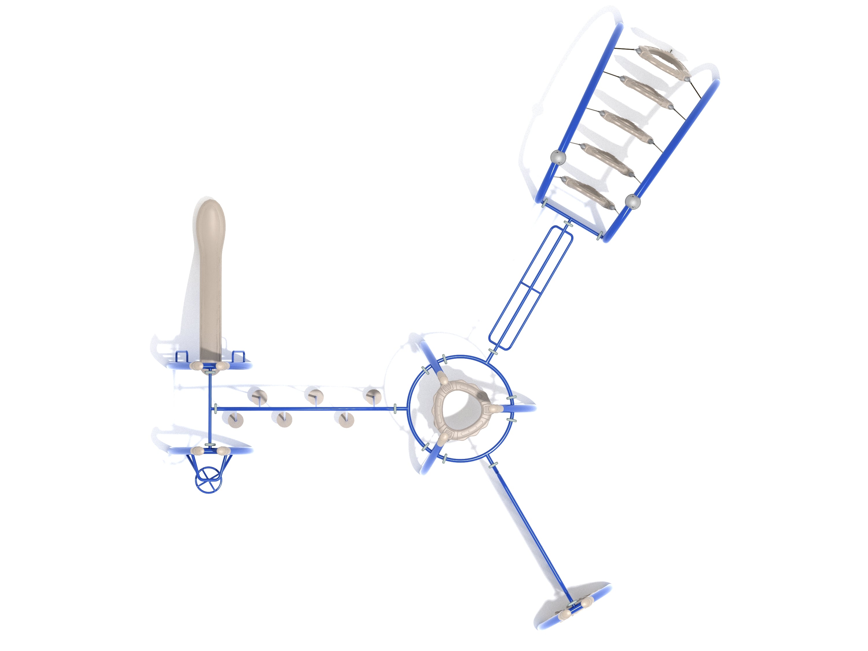 Overhead view of a modern playground with a central climbing tower, suspended rings, rocker bar, tunnel climber, net climber, bridge, spinner, and slide in blue and beige.