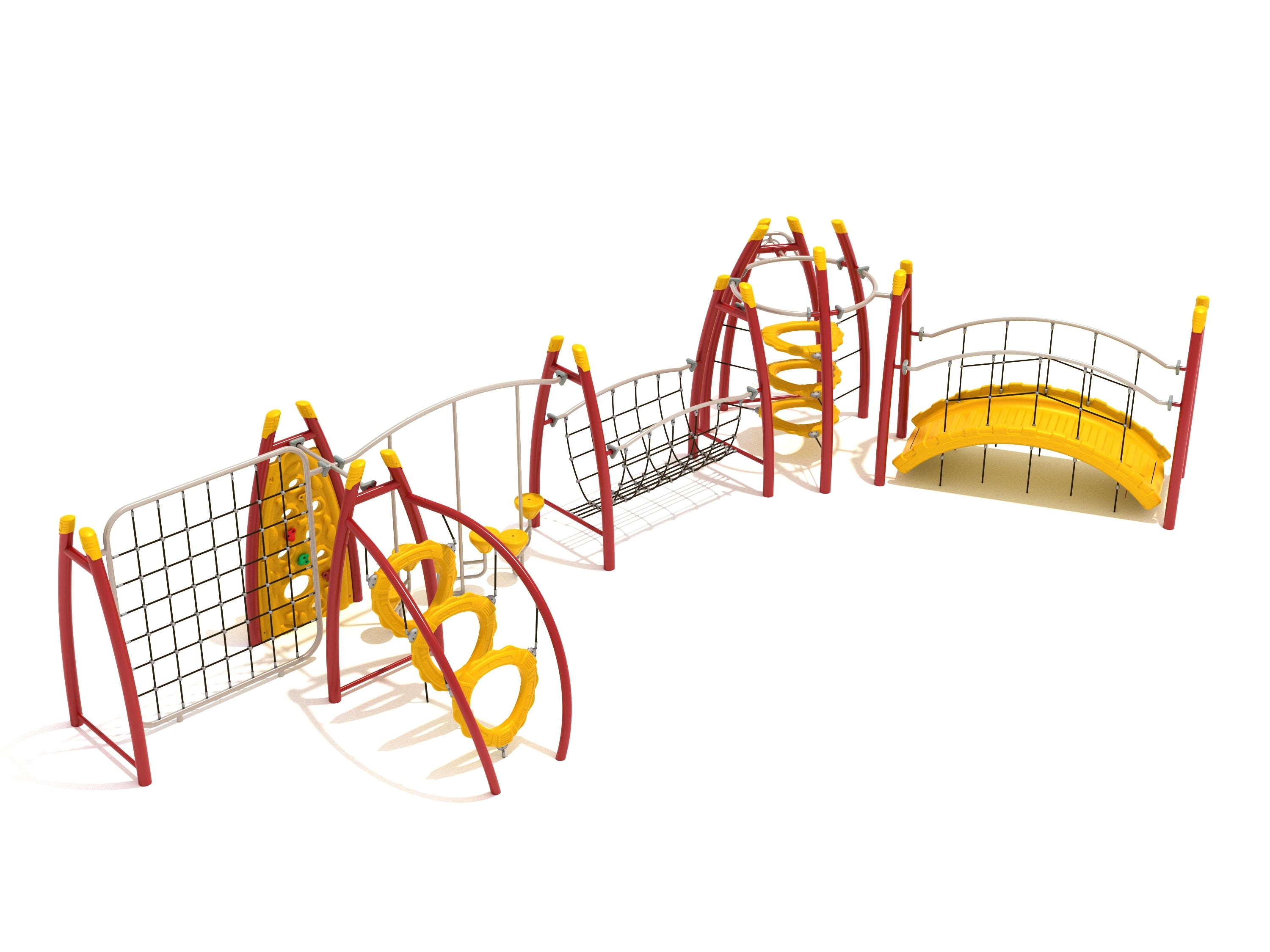 Lava Tree Fitness Course Playground with red and yellow climbing structures, bridges, nets, and towers for active play